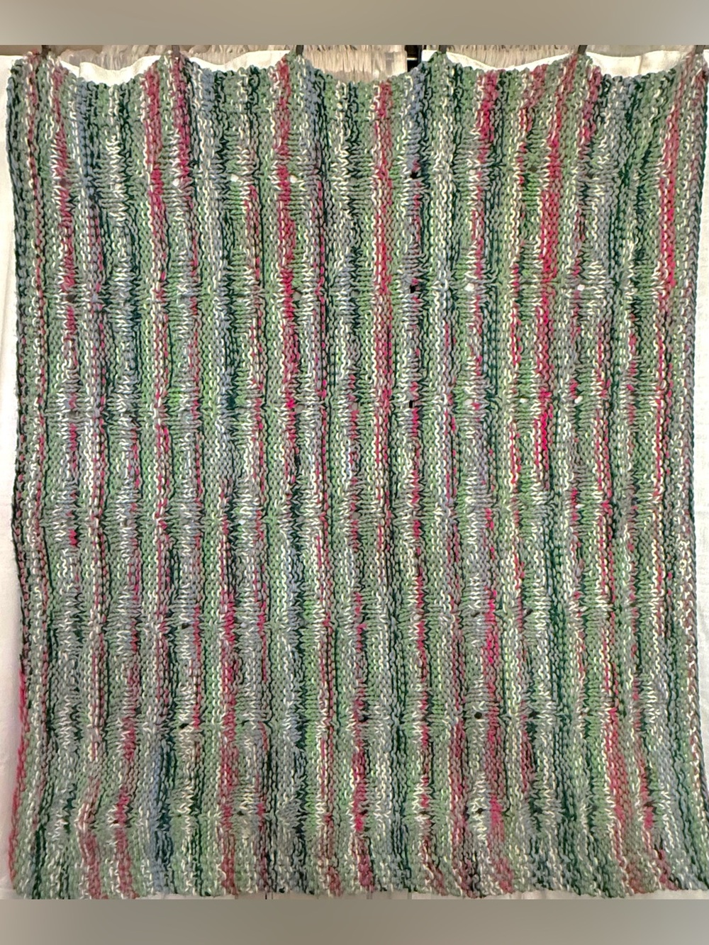 Multi-color striped handmade Crochet vintage blanket green pink blue cream hues